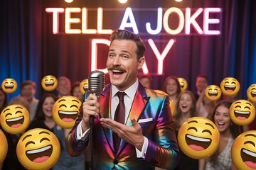 Hilarious comedian electrifies audience with jokes on Tell a Joke Day, sparking laughter and joy with vibrant performance