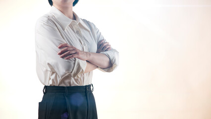 Business concept. A confident gesture by a female leader with leadership and innovative attitude.