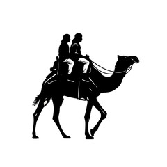 Vector art of two people riding a camel in the desert isolated on white background