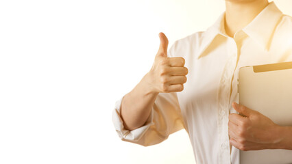 Business concept. A confident gesture by a female leader with leadership and innovative attitude.