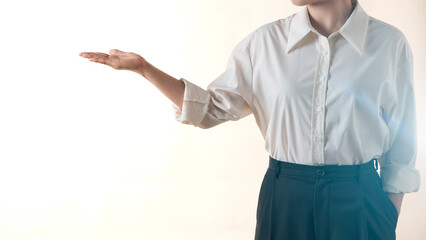 Business concept. A confident gesture by a female leader with leadership and innovative attitude.