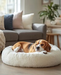 A contented Beagle dog rests peacefully in a plush white pet bed, showcasing a serene moment of relaxation in a cozy home environment