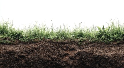 Grass and soil, close-up, white background