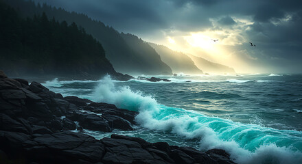 Dramatic ocean waves crash against rugged rocky coastline under stormy skies with bright sunbeams breaking through clouds