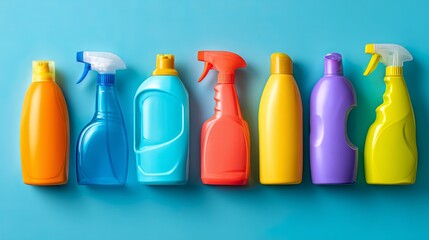 Eco-friendly cleaning product bottles on blue and white background