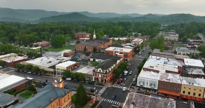 Historic town of Brevard in Appalachian Blue Ridge Mountains. Aerial view of quiet streets and old American buildings in Transylvania County, NC.