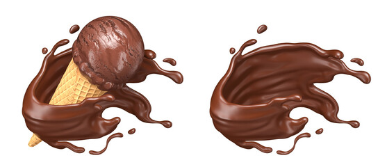 Chocolate ice cream and Chocolate Splash, 3D Illustration Isolated