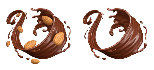 Chocolate Flow with Almonds Splashing 3d render