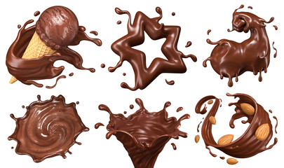 Chocolate splash star, liquid swirl with almond and ice cream flexing muscles isolated 3D rendering