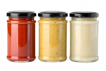 Three clear glass jars filled with vibrant red, yellow, and white sauces stand in a row, isolated on transparent png.