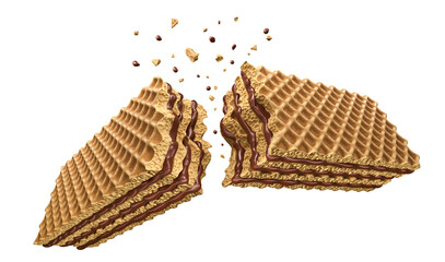 Crispy Wafer broken with splashing chocolate 3D realistic food illustration