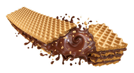 Crispy Wafer broken with splashing chocolate 3D realistic food illustration