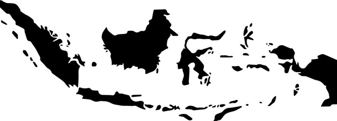 Black and white graphic illustration of the country of Indonesia.