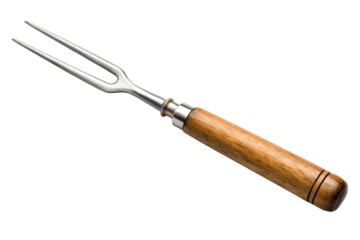 A metal carving fork with a brown wooden handle is isolated on a transparent background, a classic kitchen tool, transparent, png, isolated.
