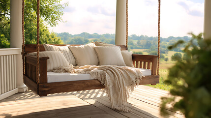 Sofa with pillows on the balcony in a country house