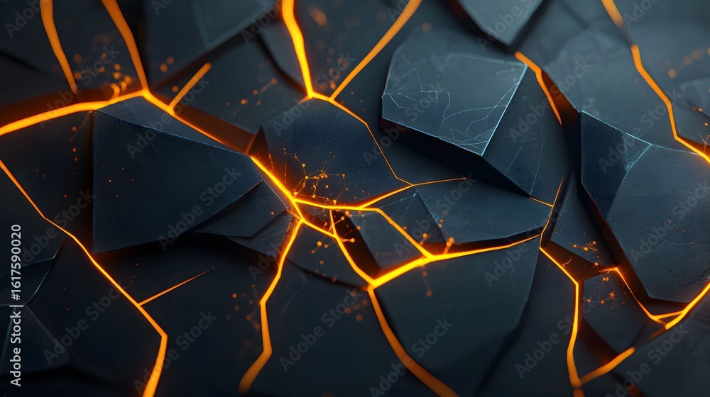 Aufkleber the image features an abstract design with dark polygonal shapes illuminated by bright orange lines,
