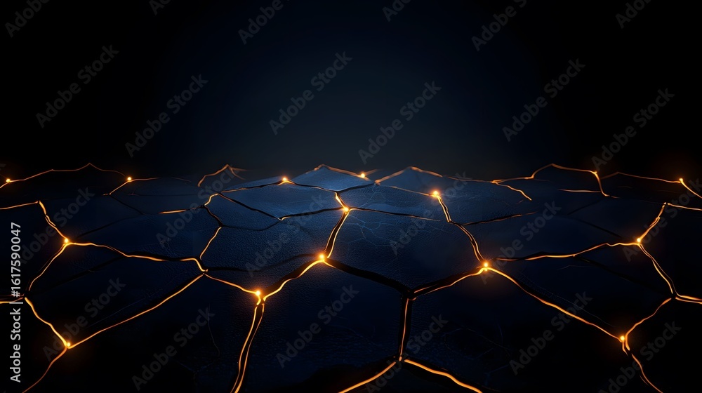 Poster the image features a textured, dark surface broken into geometric shapes, illuminated with vibrant g