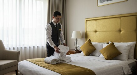 Hotel staff folding towels in room