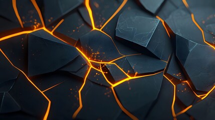 The image features an abstract design with dark polygonal shapes illuminated by bright orange lines, creating a striking contrast and a sense of fractured energy.