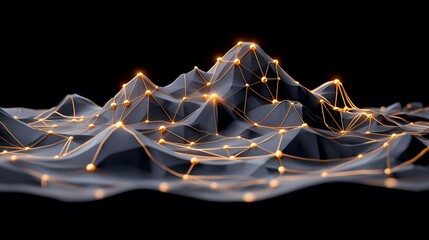 A futuristic digital landscape shows dark polygonal mountains connected by glowing gold lines and nodes against a black background.