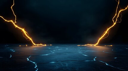 The image displays a dramatic scene with golden lightning bolts striking a dark, textured ground that's illuminated by a cool, blue light emanating from cracks.