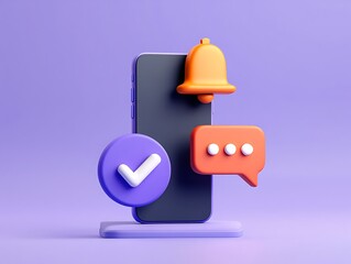3d render of a smartphone with a notification bell chat bubble and checkmark icon on a purple background