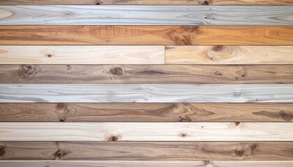 Horizontal wooden planks in various shades of beige, brown, and white