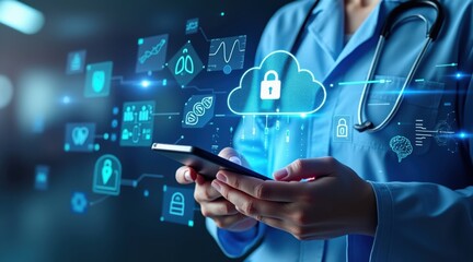 Doctor using smartphone with glowing digital healthcare icons and cloud security