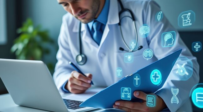 Doctor reviewing medical data with futuristic digital interface overlay - Powered by Adobe