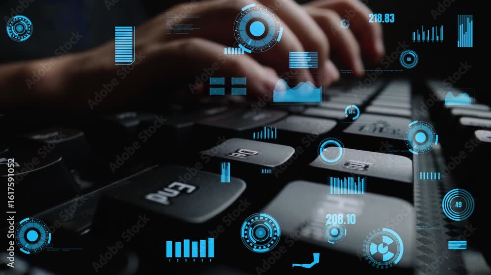 Poster close-up view of hands typing on a keyboard with digital data graphics displaying analytics and stat