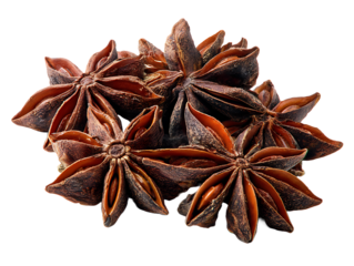 A cluster of star anise spice pods close up view showing texture and detail