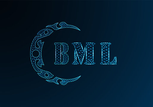 Low poly letter logo BML design. BML letter logo low poly vector design on blue color gradient background. BML logo low poly design