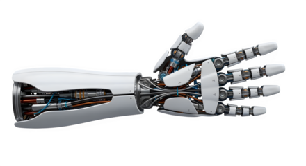 Intricate robotic arm showcasing advanced engineering and futuristic technology with exposed wiring and articulated fingers, representing innovation and artificial intelligence