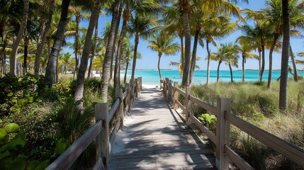 Obraz premium Wooden walkway leading to a beautiful turquoise beach.