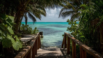 Wooden walkway leading to a turquoise ocean through tropical vegetation.