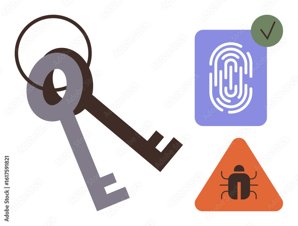 Poster keys representing access control, fingerprint for biometrics, checkmark for success, and bug alert w