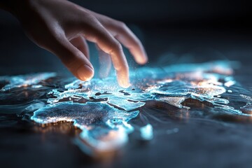 A person touching a piece of water on a table