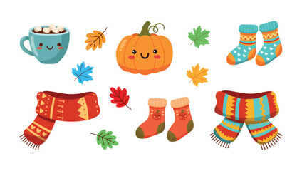 Cheerful autumn illustrations:  cute pumpkin, warm socks, cozy scarves, and a happy hot chocolate mug.