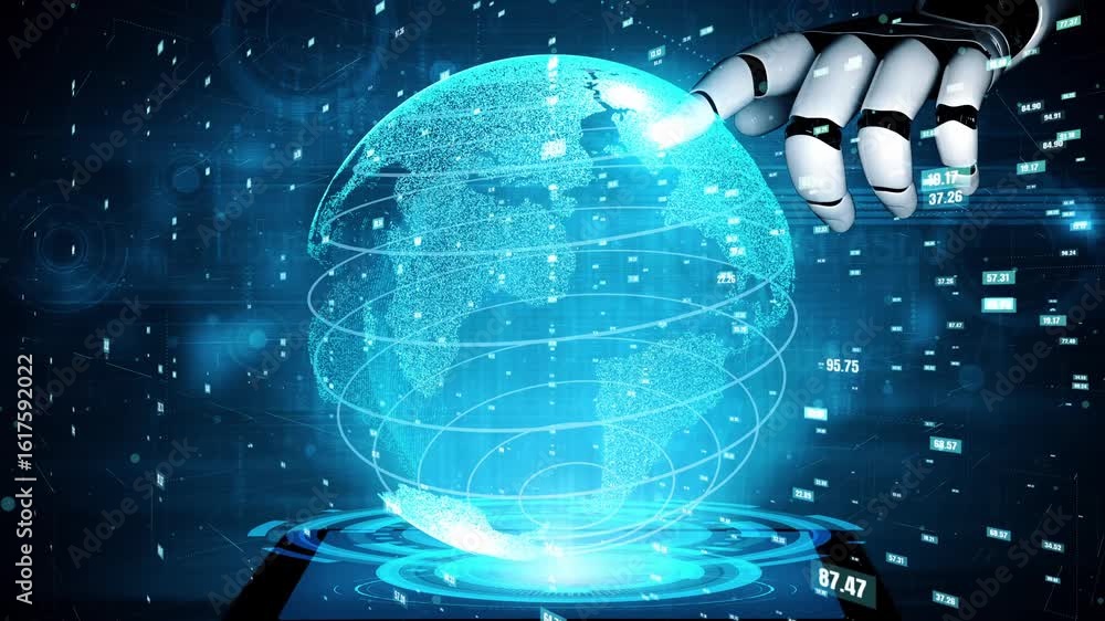 Poster a robotic hand reaches for a glowing globe representing earth, surrounded by digital data and graphi