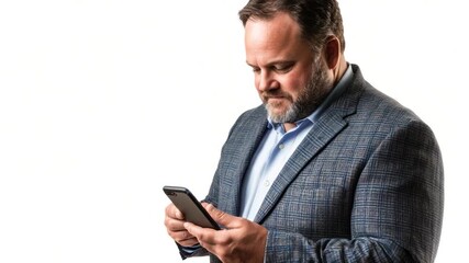 A man in a gray blazer holds a phone