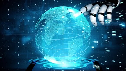 A robotic hand reaches for a glowing globe representing Earth, surrounded by digital data and graphics, illustrating the fusion of technology and innovation. Xenic - Powered by Adobe
