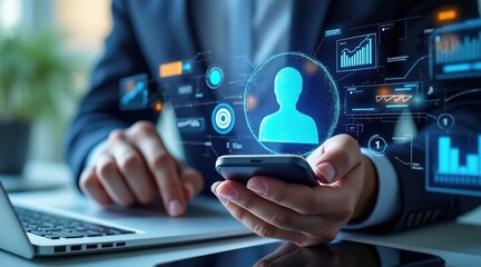 Businessman using smartphone with futuristic digital interface and data visualization