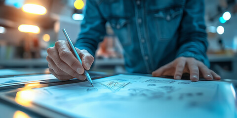 Person Drawing on Blueprint at Desk in Design Studio, Professional Working on Architectural Drawings, Blueprint Design Process in Creative Workspace

