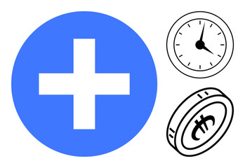 Blue cross in a circle, black clock, and coin symbolizing health, time management, and economic value. Ideal for medical care, savings, time, healthcare access economy decision-making simple flat