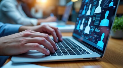 Hands typing on a laptop displaying a grid of employee profiles