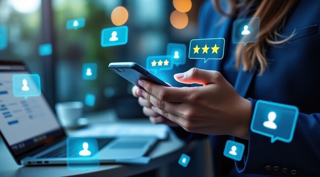 Woman using smartphone with glowing digital icons and data visualization - Powered by Adobe
