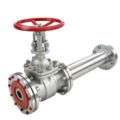 Industrial metal gate valve with red handwheel isolated on transparent background