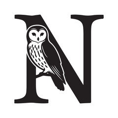 Naklejka premium Elegant Silhouette Design of the Letter N with an Owl Perched on a Branch Creative Alphabet Illustration
