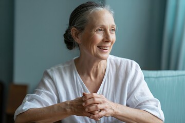 Joyful senior woman with gray hair in a white shirt smiles warmly, conveying wisdom and contentment in a soft, natural light setting.