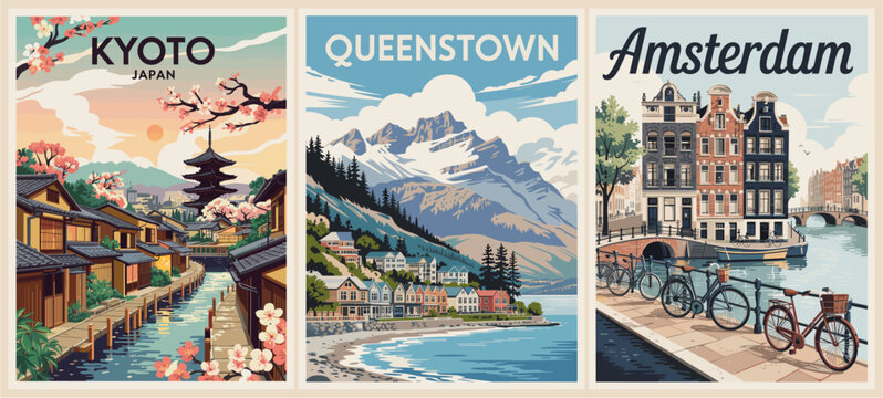 Set of retro travel posters featuring Queenstown, Kyoto, and Amsterdam. Bold mid-century design, scenic landscapes, and iconic architecture in vintage color palette. - Powered by Adobe